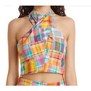 Staud x Birkenstock Kai Cotton Patchwork Halter Top Size 0 NWT Madras Plaid Crop